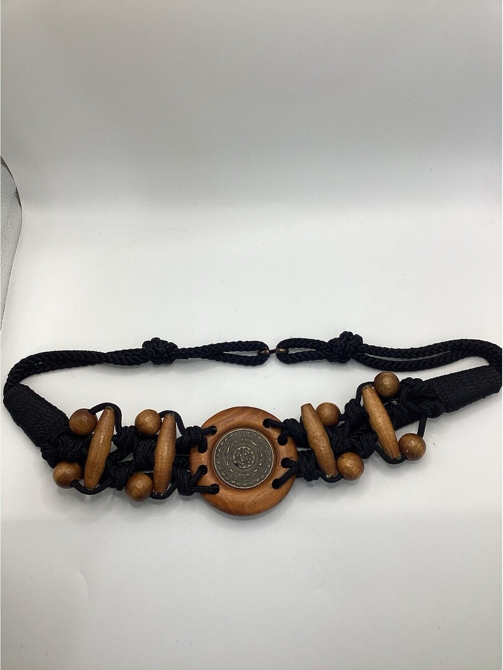 Vintage Boho Black Cord Belt With Wooden And Brass Medallion Accent